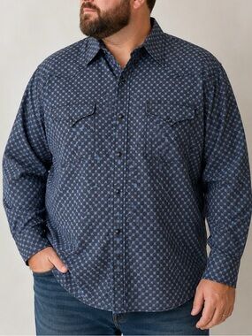 Lucky Brand Western XXL Blue Geometric Dot Shirt 100% Cotton Retro